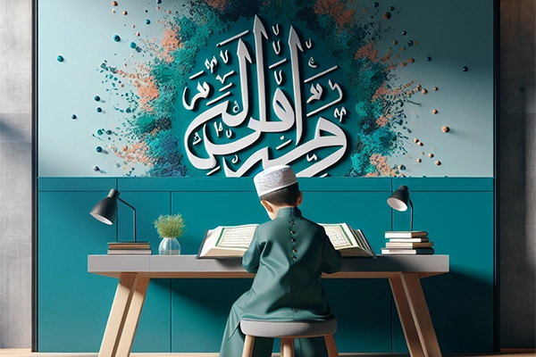 A young Muslim boy wearing a white topi, sitting at a desk and studying the Quran, with beautiful Islamic calligraphy on the wall behind him.