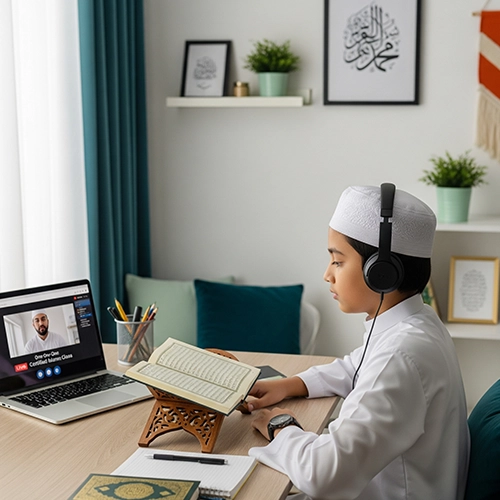 A young boy in a white topi and headphones learning Madni Qaida. A male teacher is visible on the laptop screen, while the boy has a physical Quran on a rehal and a notebook in front of him.