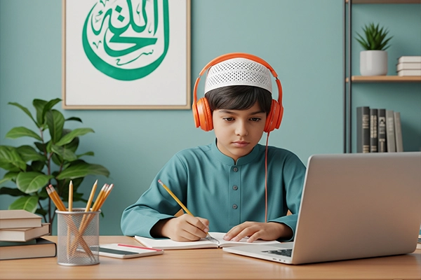 A young boy in a blue shalwar kameez and a white topi, wearing orange headphones, attentively taking notes during an online Quran lesson on his laptop.