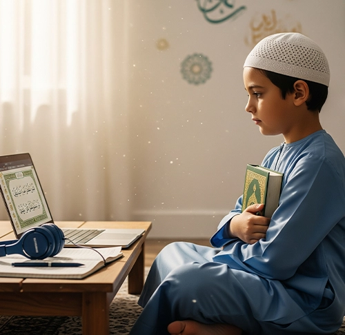 A focused young boy sitting on the floor, holding the Holy Quran and looking at his online tutor, highlighting the daily memorization and review process.
