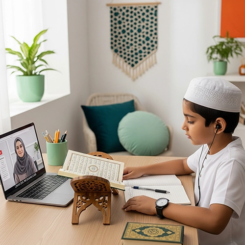 A young boy in a white topi and white headphones studying Madni Qaida on a tablet