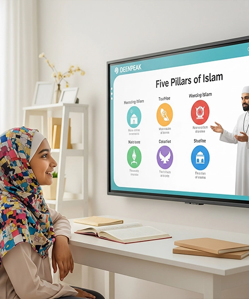 A Muslim girl attending a live online class from Deenpeak Quran Academy, learning about the Five Pillars of Islam from a male Quran teacher on a large screen.