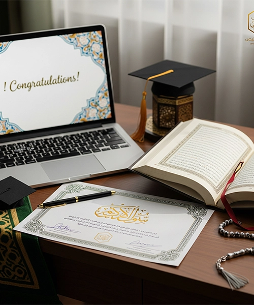 A graduation certificate from Deenpeak Quran Academy, along with a graduation cap, an open Quran, and prayer beads, symbolizing the successful completion of the Fundamentals of Islam course.