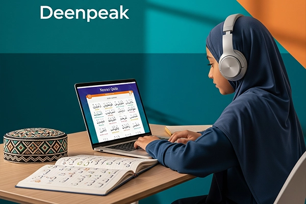 A young Muslim girl wearing a navy blue hijab and headphones, learning Noorani Qaida online from Deenpeak Academy, with a traditional prayer cap on the desk.