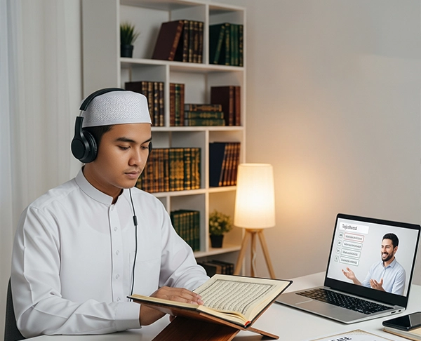 A male student wearing a kufi and headphones, reviewing the Holy Quran with his tutor on a laptop in the final stage of an online Nazra course.