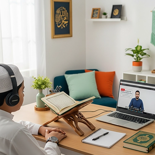 A young boy in a white thobe and topi, wearing headphones, engaged in a one-on-one online Madni Qaida class with a male teacher visible on his laptop.