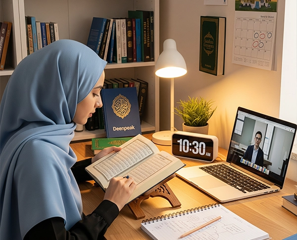 A female student in a light blue hijab reading the Quran on a rehal, with a laptop displaying a tutor, highlighting the duration of an online Nazra class.