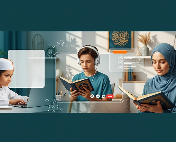 A collage of different students, including a young child, a teenager, and an adult woman, all learning the **Quran Memorization course online** from their home.
