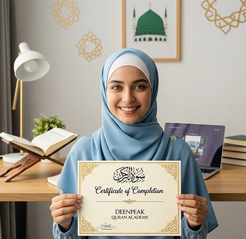 A smiling young woman in hijab holding a Certificate of Completion after successfully completing the **Quran Memorization course online**.
