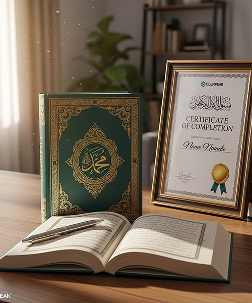 A framed Certificate of Completion from Deenpeak Quran Academy next to an open and closed Quran on a wooden desk.