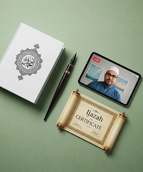 A top-down view of an online Quran class setup showing a Holy Quran, a pen, a tablet with a tutor on screen, and an Ijazah certificate scroll.
