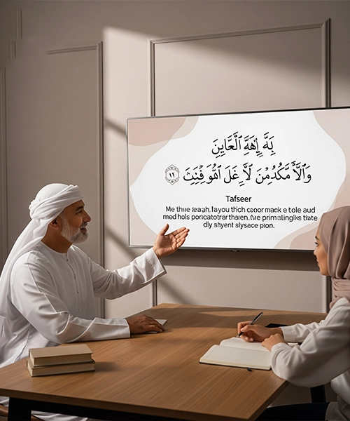 An adult male Quran teacher explaining Tafseer to a female student in an online class, pointing to a verse on a large screen.