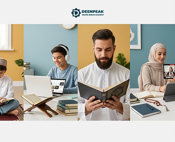 A collage of different students, including children, a young man, a bearded man, and a young woman in hijab, all studying the Nazra Quran Course online with a laptop or tablet.