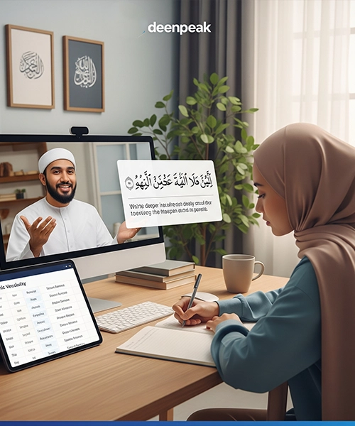 A female student in a hijab taking an online Tafseer course, writing notes while a male teacher explains a Quranic verse on her computer screen.