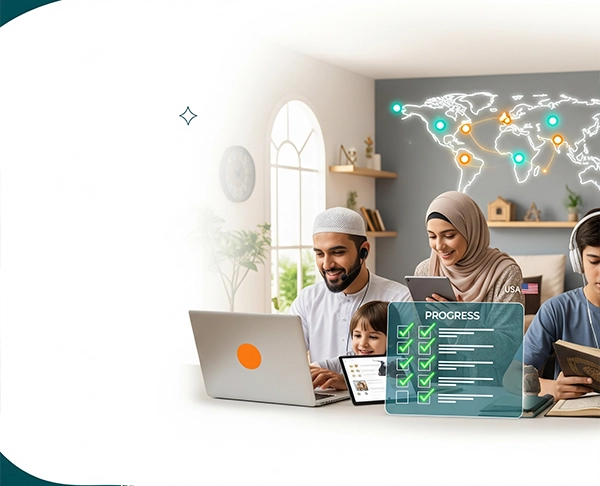 A family including a father, mother, and a young child learning the Quran online with a progress tracking chart and a world map in the background.
