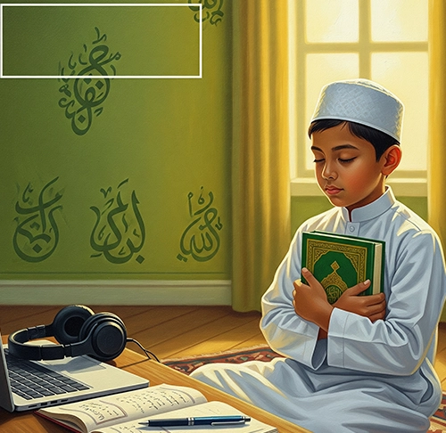 A young boy with a kufi cap, holding the Quran and sitting in a focused posture, ready for his **Quran Memorization course online** with Deenpeak.