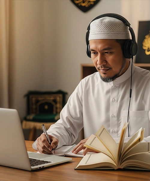 A male student taking a **Tafseer Course Online**, wearing headphones and a kufi, writing notes while watching a lesson on his laptop with an open Quran in front of him.